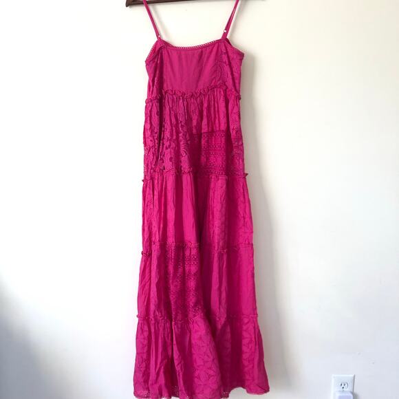 Anthropologie Bhanuni Jyoti Sleeveless Patchwork Lace Tiered Midi Dress Pink S - Picture 7 of 8
